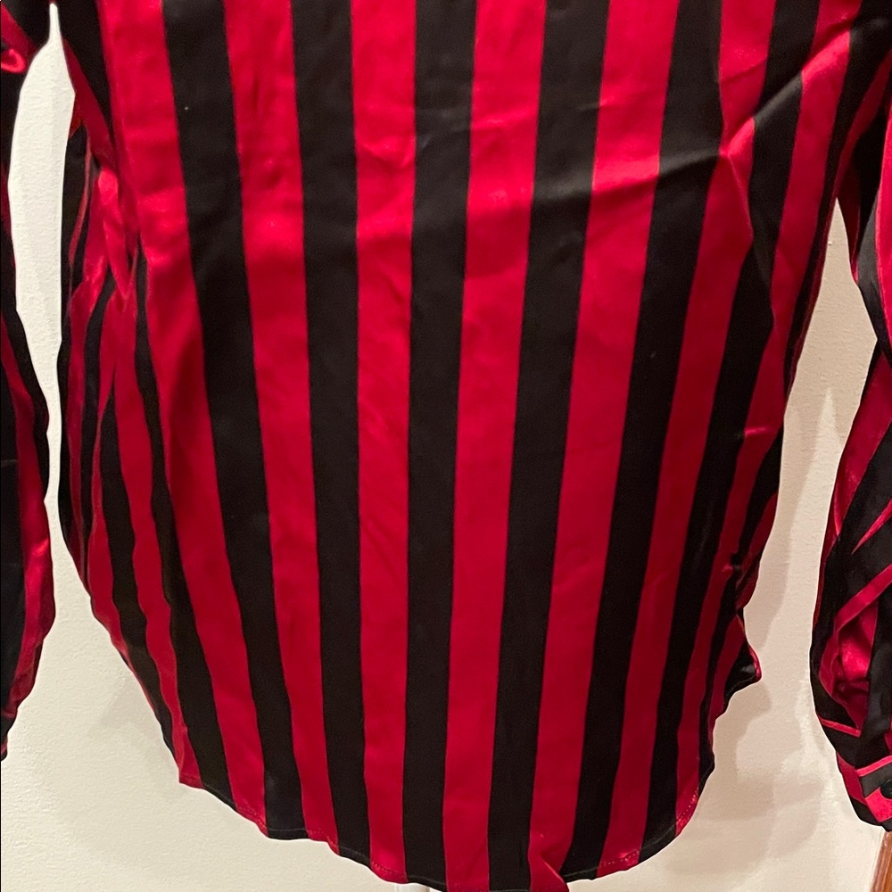 Vintage 100% Silk Red and Black Striped Button Down Shirt - Picture 9 of 11